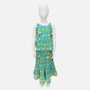 Blue & Green Printed Cotton Top and Skirt Set with Dupatta