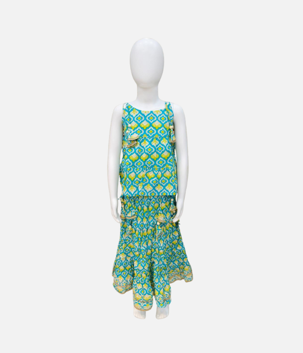 Blue & Green Printed Cotton Top and Skirt Set with Dupatta