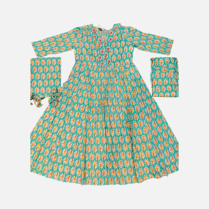 Teal Block Print Anarkali Kurta Set