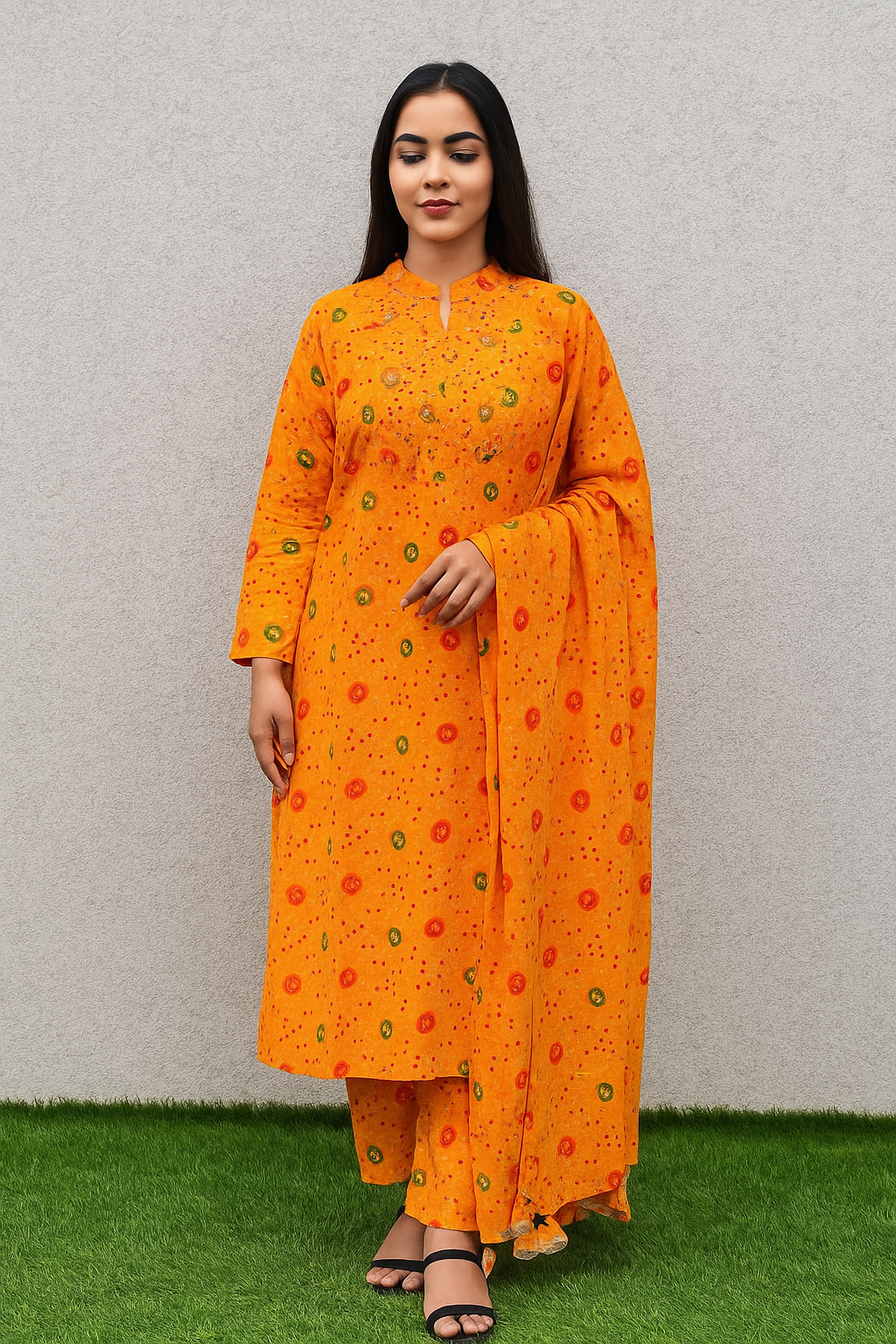 Mustard Bandhani-Style Kurta Set