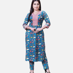 Vibrant Blue Floral Cotton Kurta Set