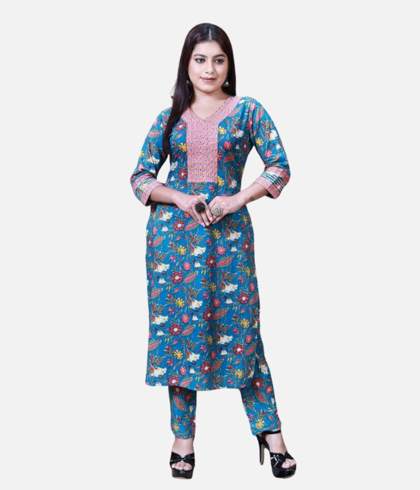 Vibrant Blue Floral Cotton Kurta Set